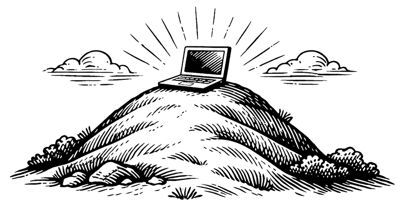 Sketch of a laptop shining brightly on top of a hill with clouds and bushes around.